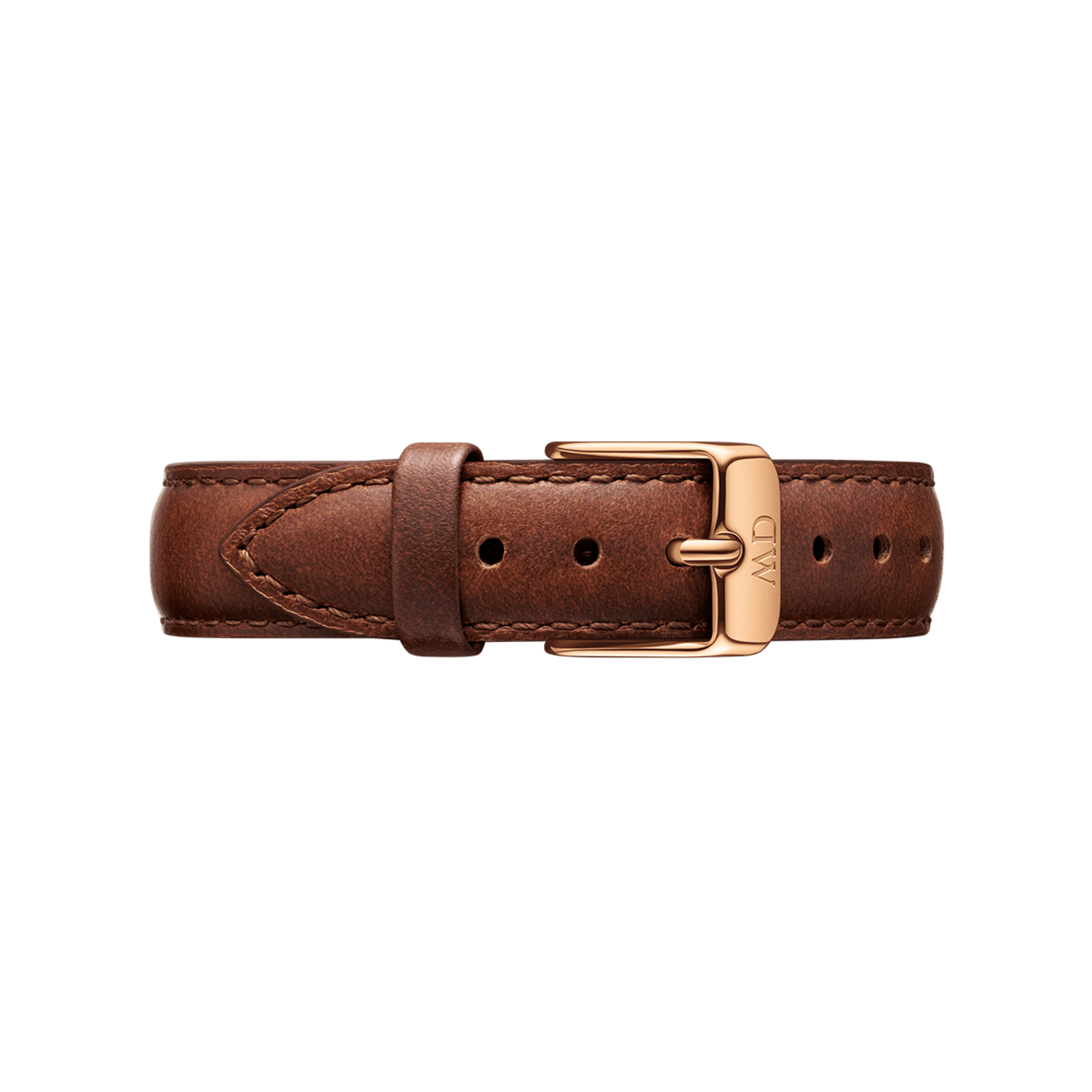 Brown leather strap with rose gold buckle and stitching detail