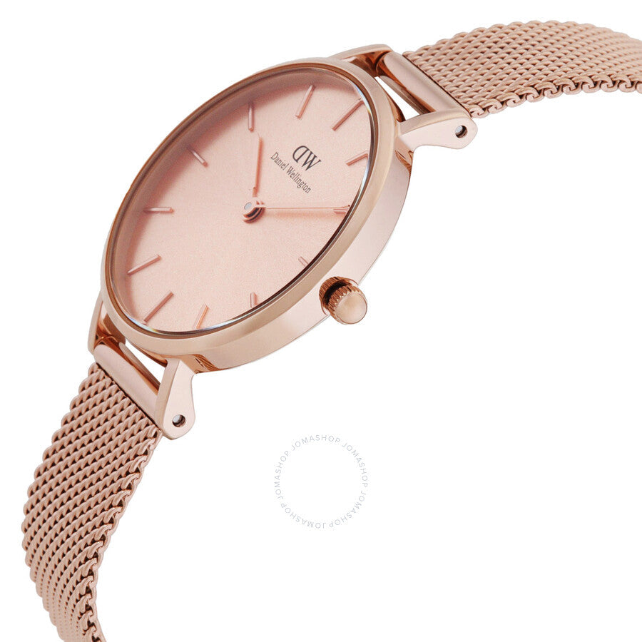 Daniel Wellington Petite Unitone watch angled view showing rose gold case and mesh strap