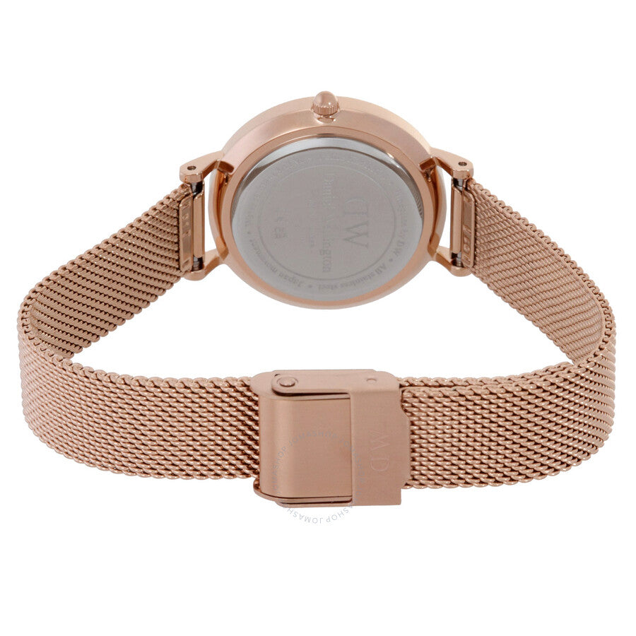 Daniel Wellington Petite Unitone watch caseback view with mesh strap and clasp