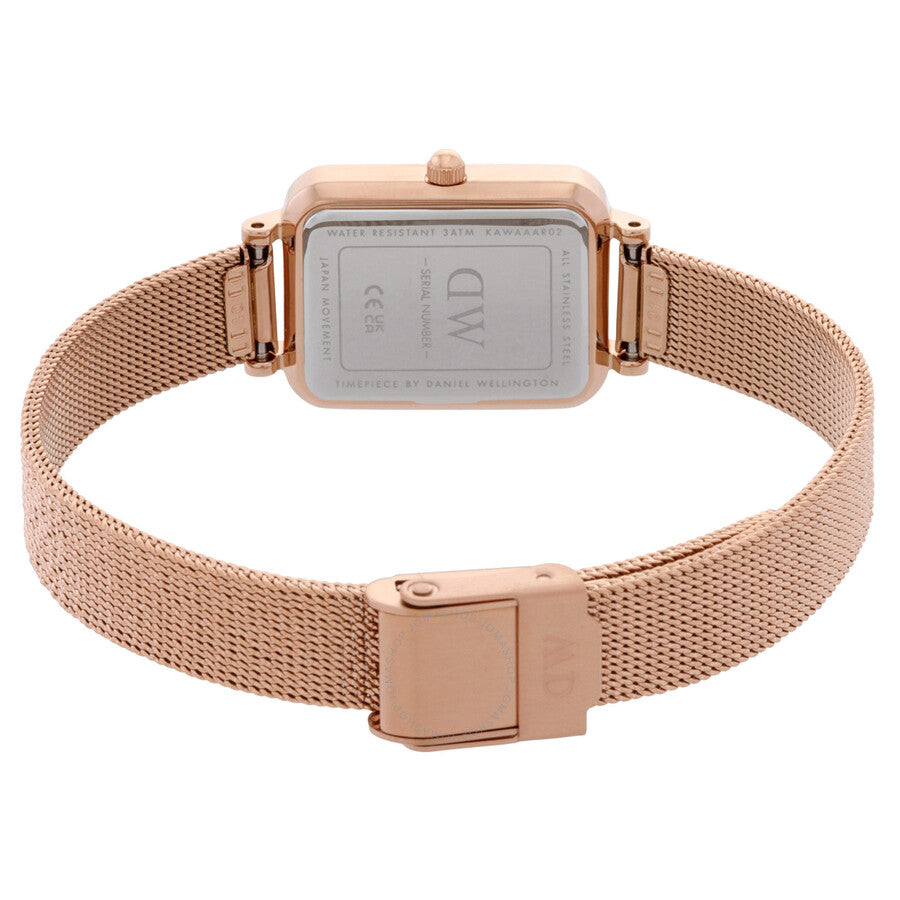 Daniel Wellington Quadro watch caseback showing mesh strap and deployment clasp