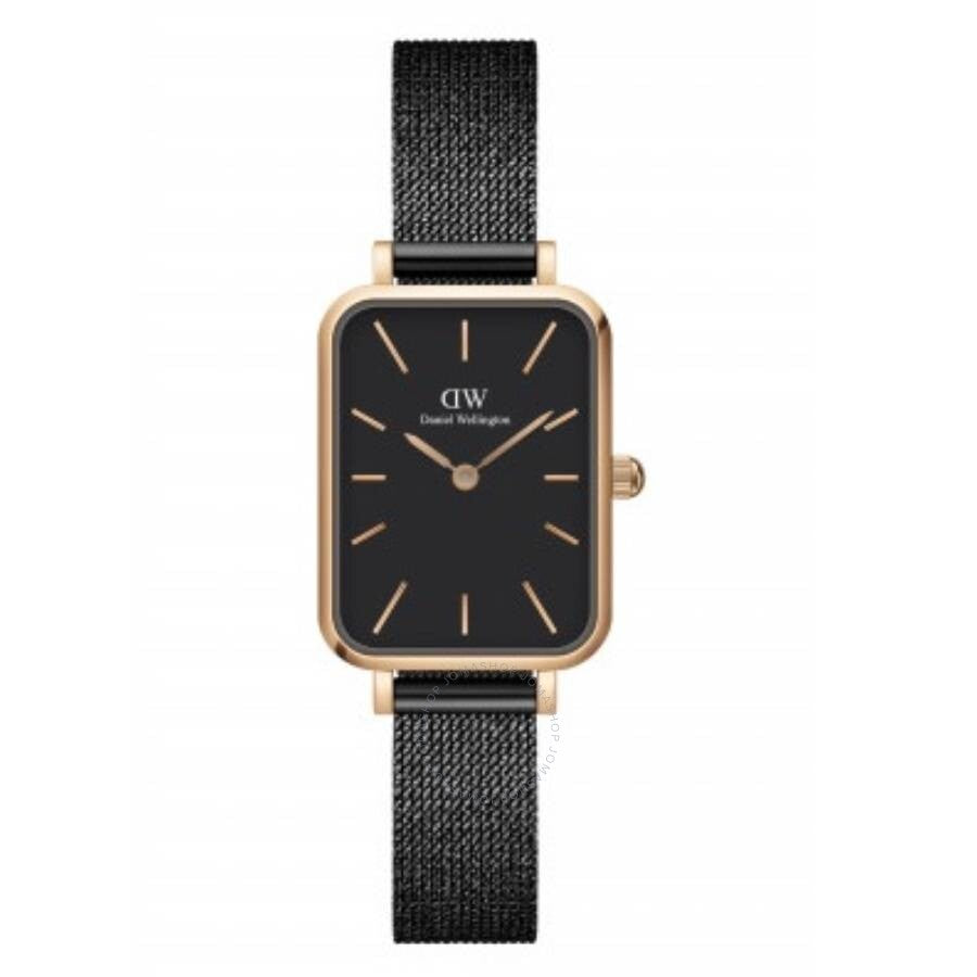 Daniel Wellington Quadro quartz ladies watch with black dial and rose gold case on black mesh strap