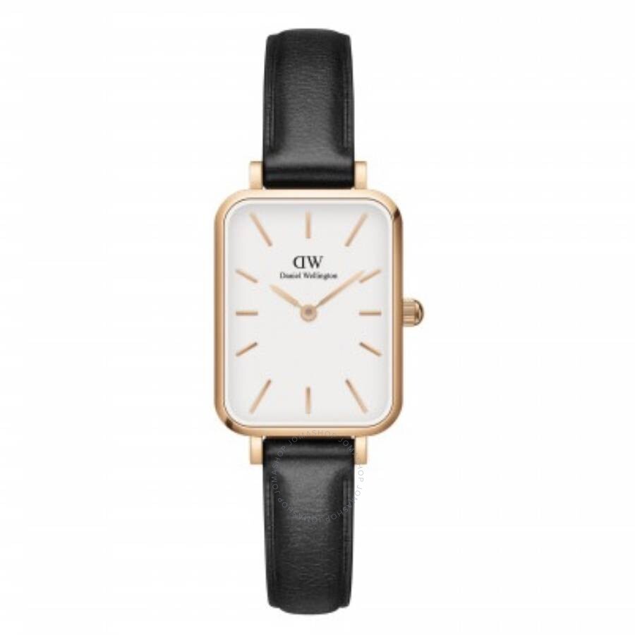 Daniel Wellington Quadro quartz ladies watch with rose gold rectangular case, white dial, and black leather strap