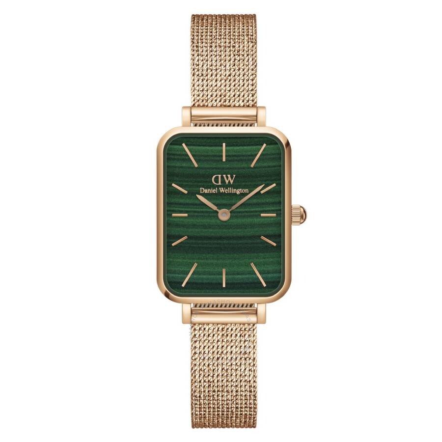 Daniel Wellington Quadro ladies watch with green dial, rose gold case, and mesh strap