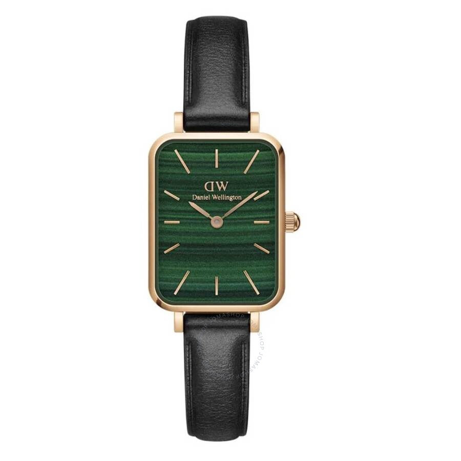 Daniel Wellington Quadro quartz ladies watch with green dial, rose gold rectangular case, and black leather strap