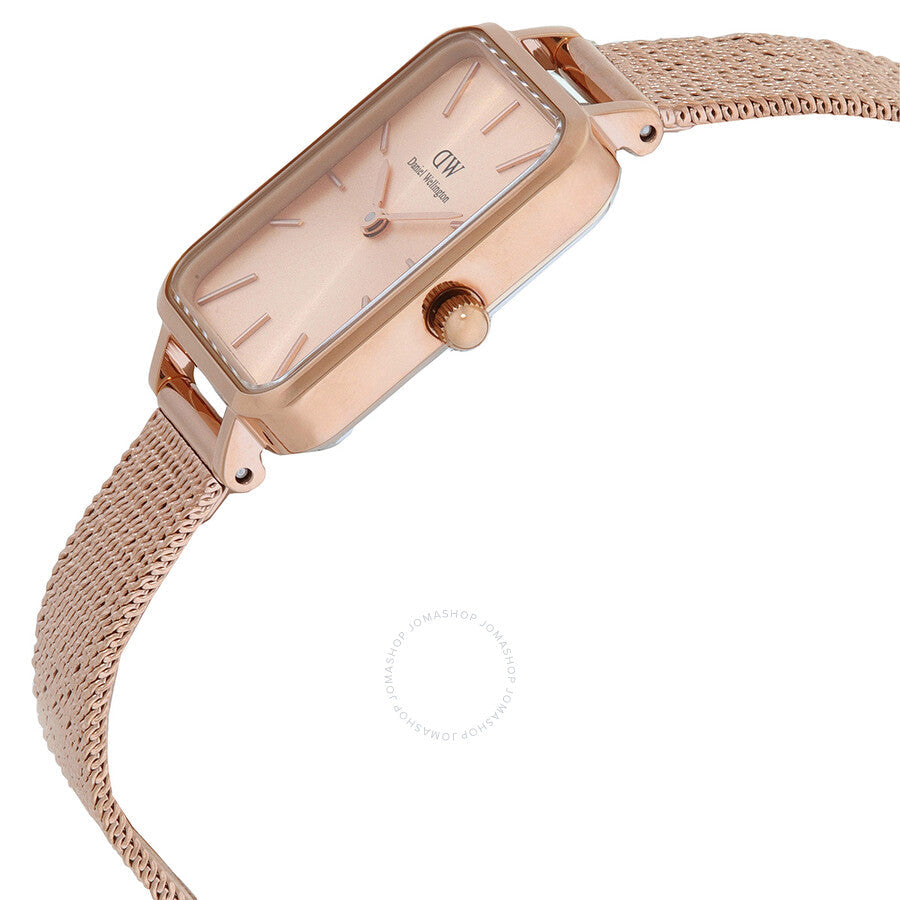 Daniel Wellington Quadro rose gold watch at angle showing rectangular case and mesh band
