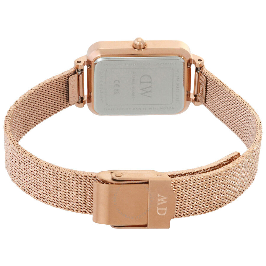 Daniel Wellington Quadro watch caseback showing DW branding on rose gold mesh strap
