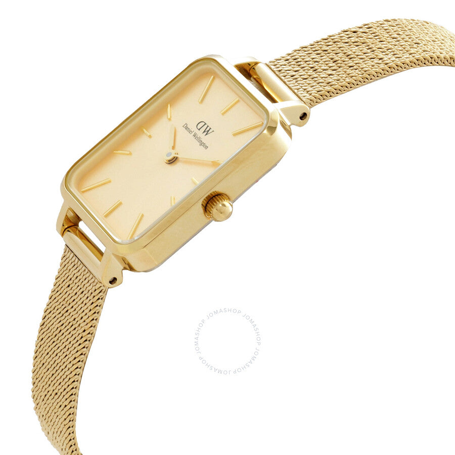 Daniel Wellington Quadro gold watch angled view showing dial and mesh strap
