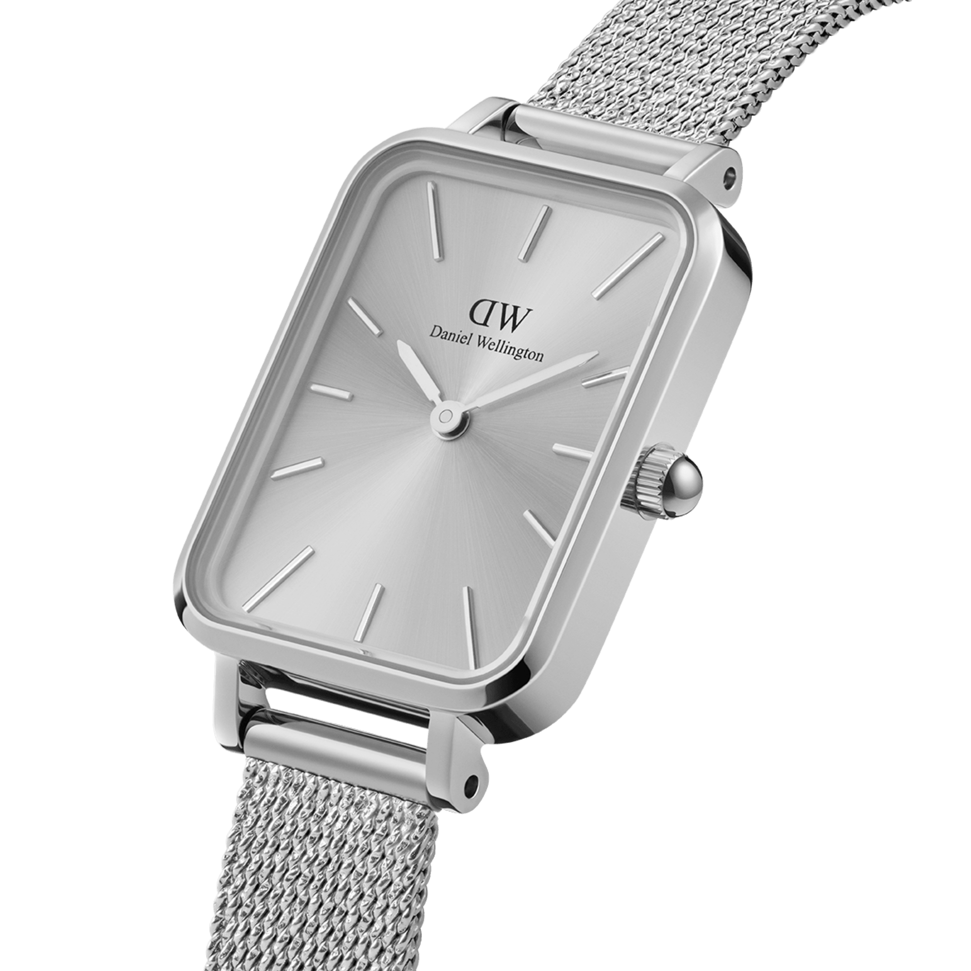 Angle view of silver rectangle watch with minimalist dial and mesh band