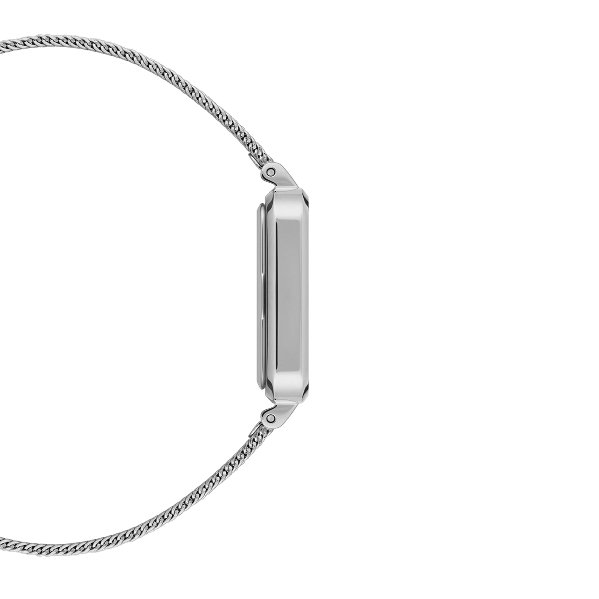 Side profile showing rectangular case depth and mesh strap attachment
