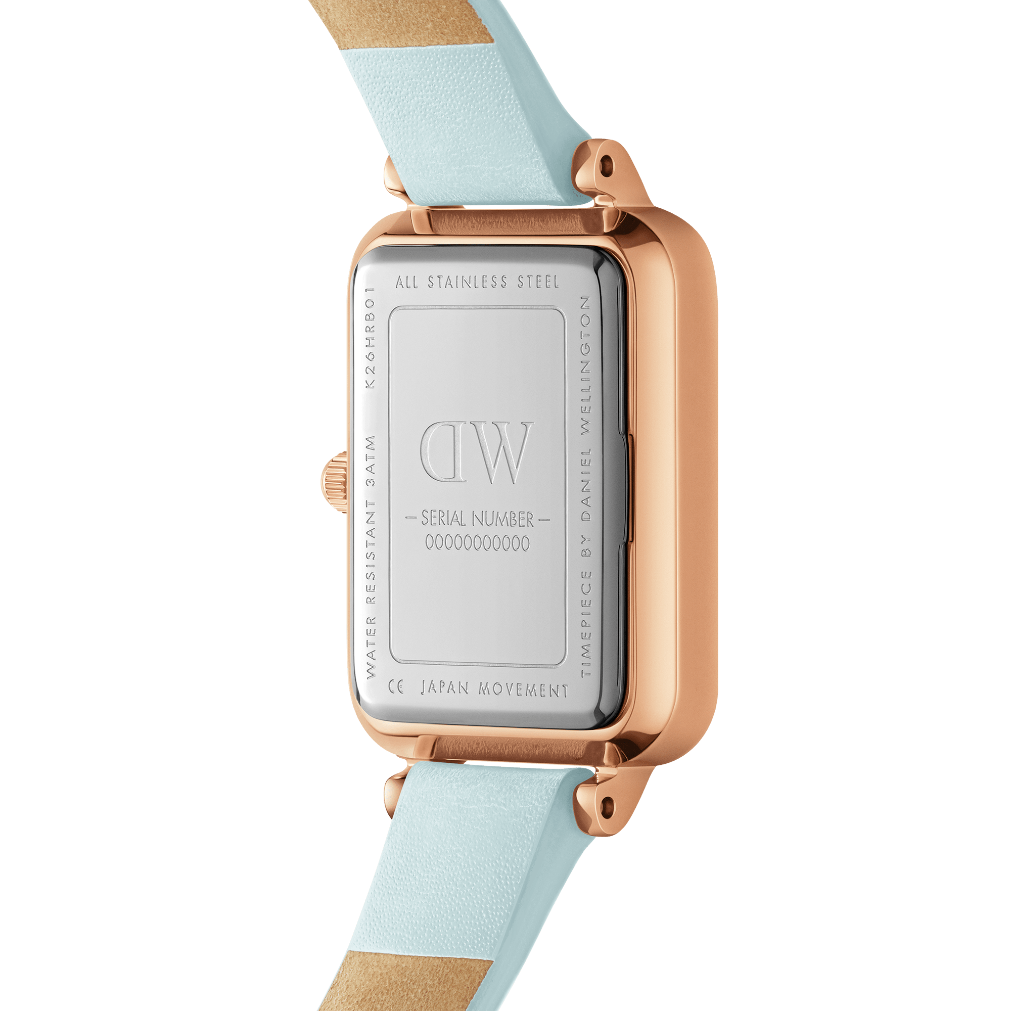 Daniel Wellington Quadro watch caseback displaying stainless steel case with engraved DW logo and serial number