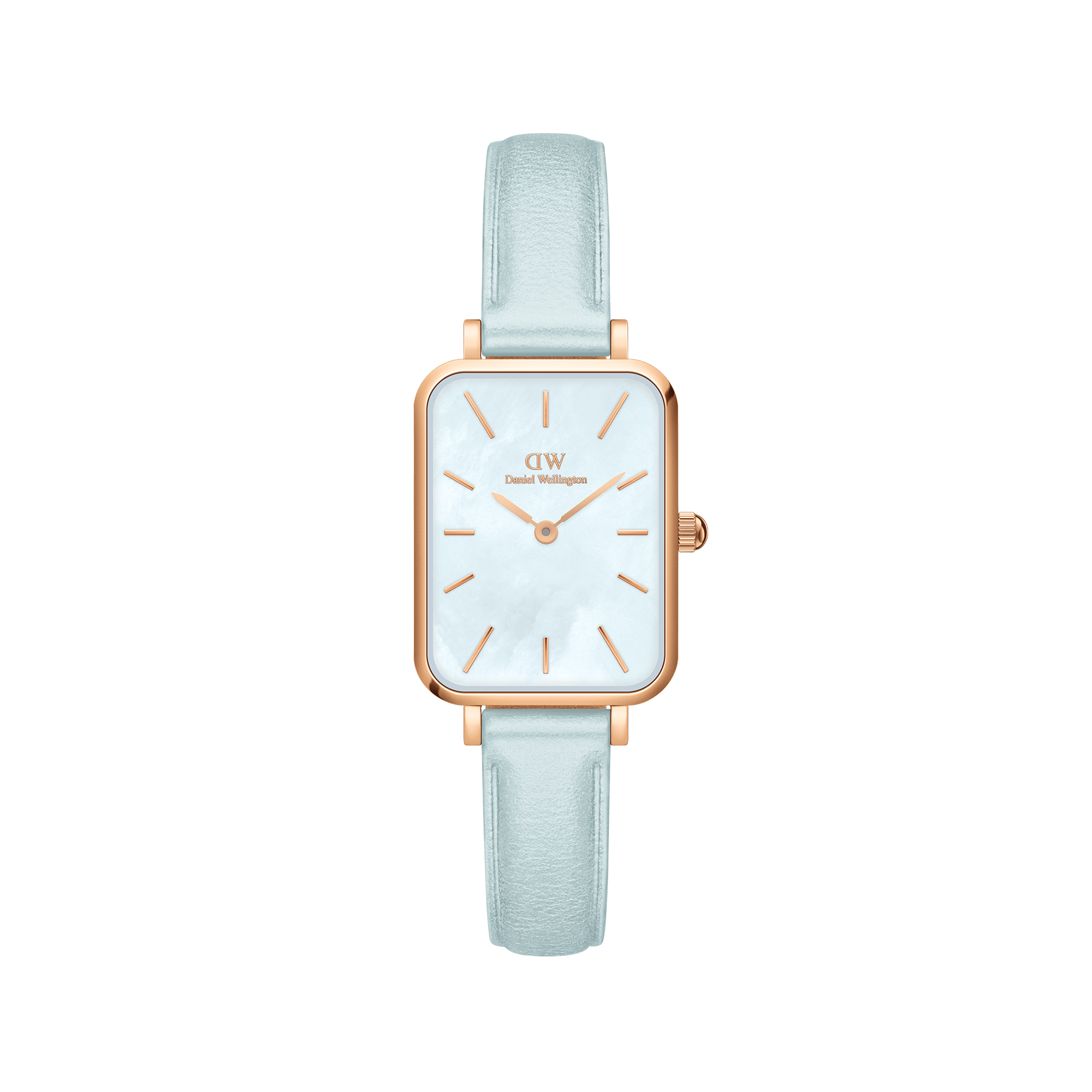 Daniel Wellington Quadro women's watch with rose gold rectangular case, white dial, and light blue strap