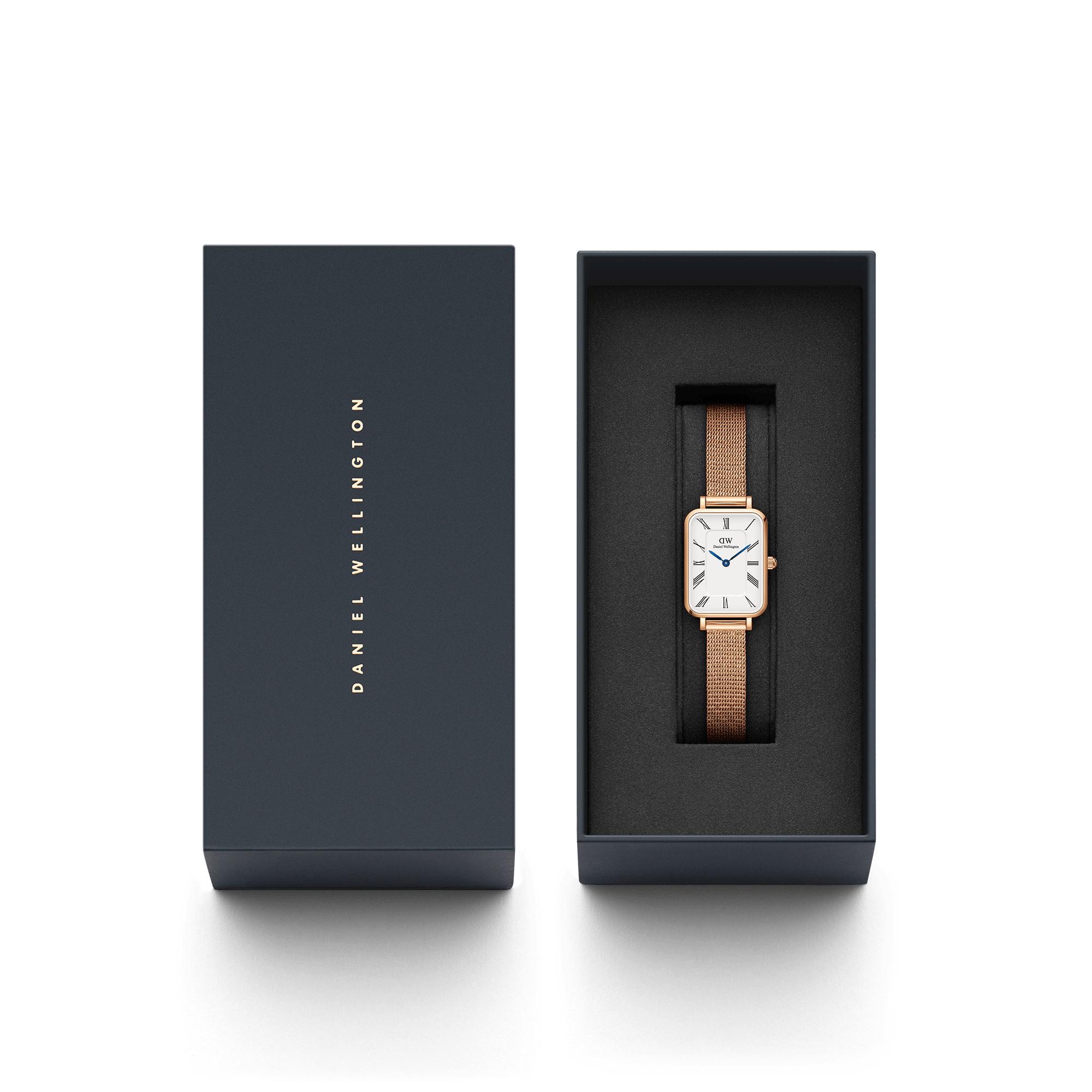 Daniel Wellington Quadro women's watch with packaging box and rose gold mesh strap