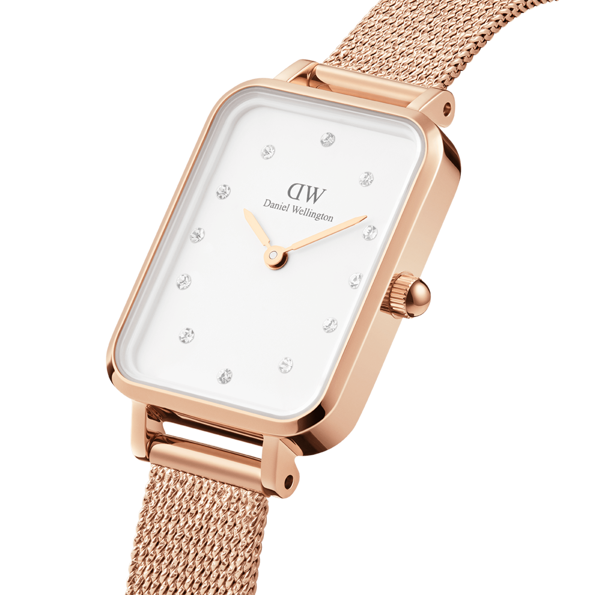Angled view of Daniel Wellington Quadro Lumine rose gold watch showing rectangular case and mesh band