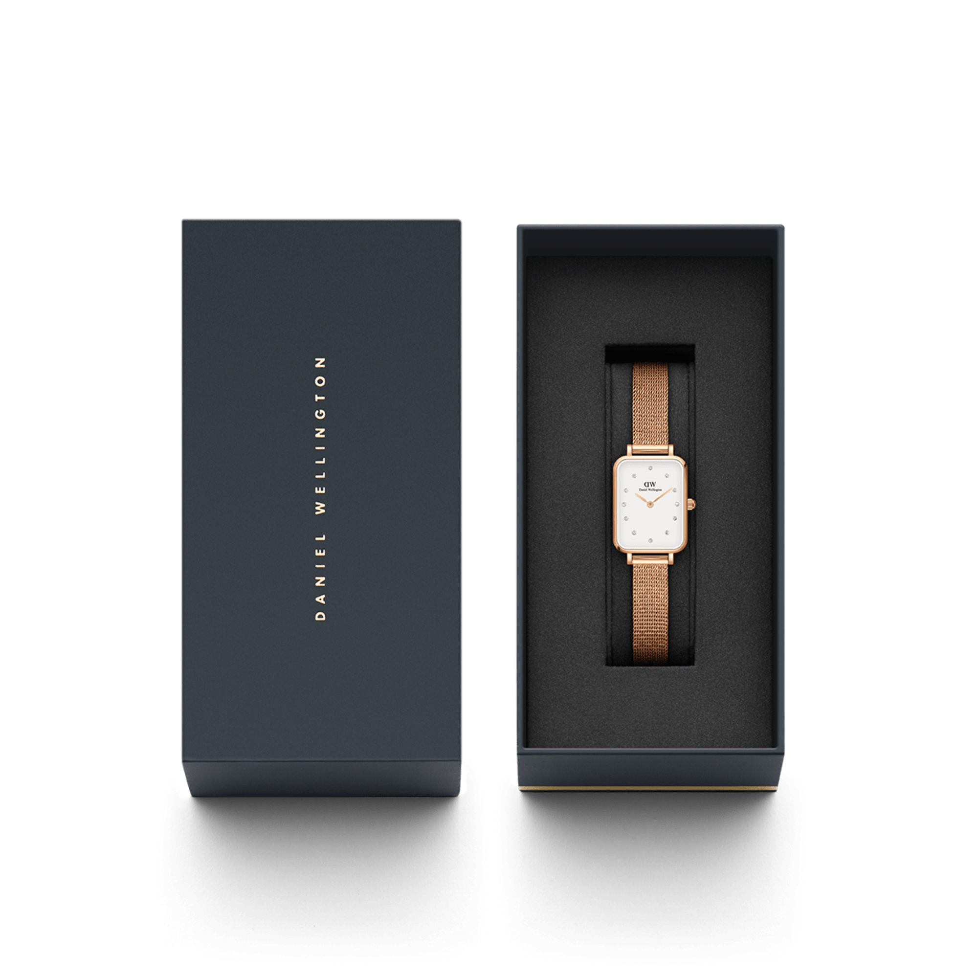 Daniel Wellington Quadro Lumine rose gold watch in branded black presentation box