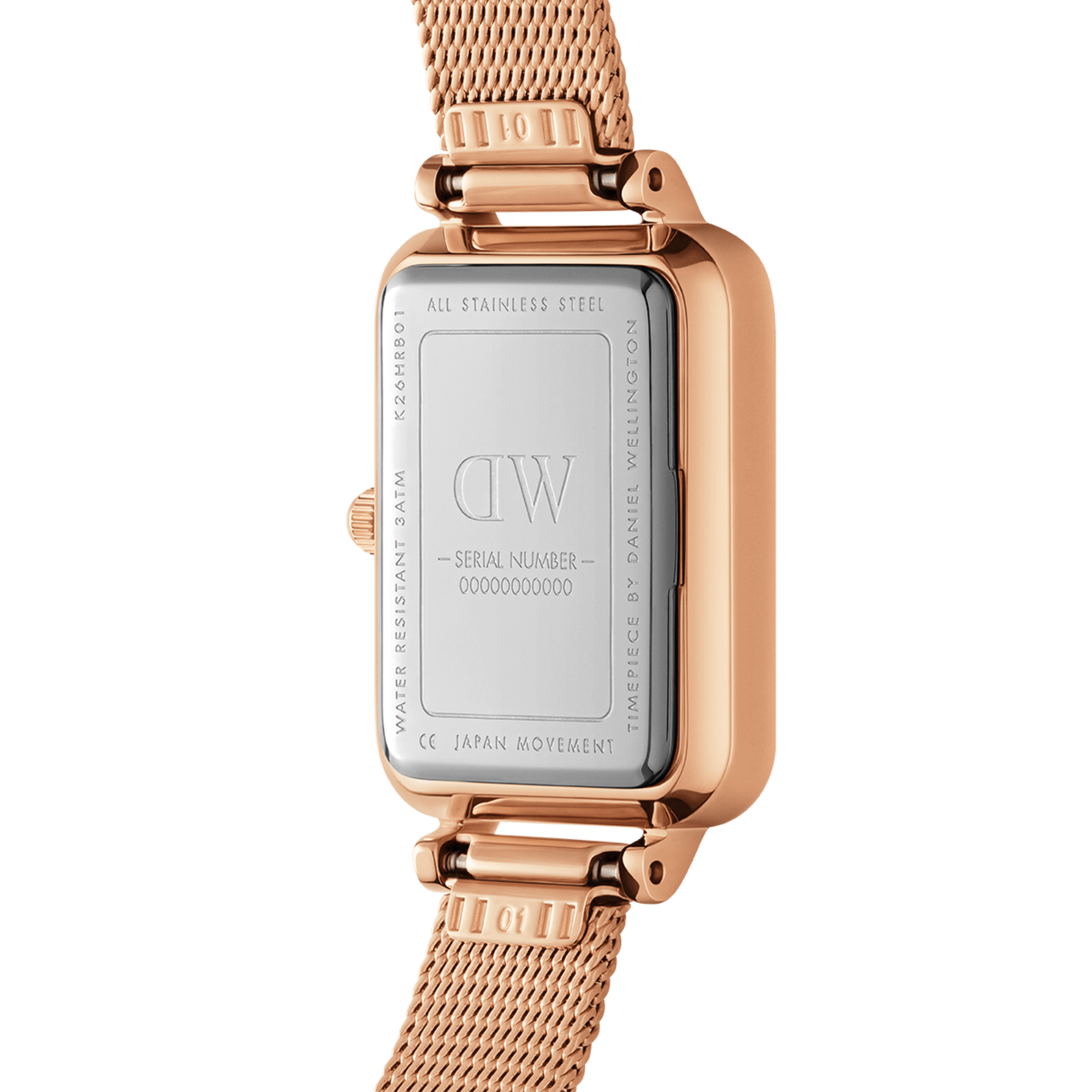 Caseback of Daniel Wellington Quadro Lumine showing all stainless steel construction and serial number