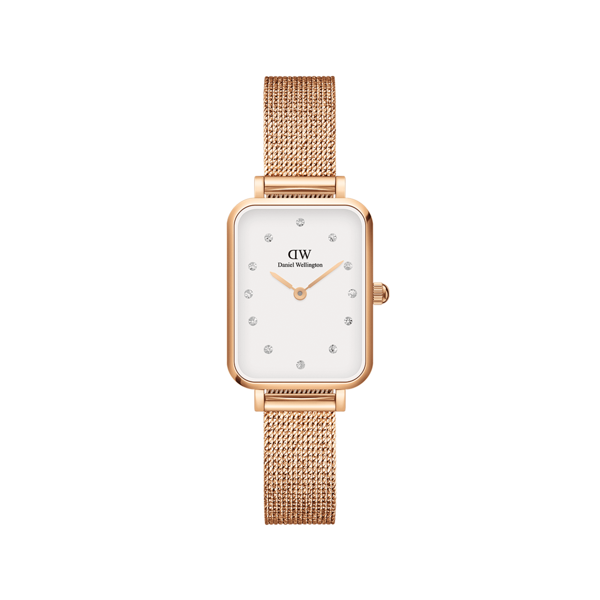 Daniel Wellington Quadro Pressed Melrose Lumine rose gold women's watch with white dial and mesh strap