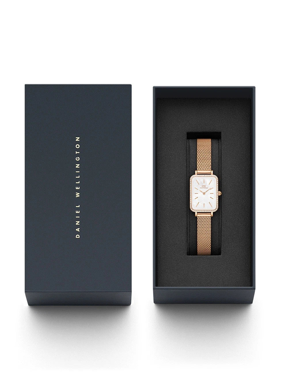 Daniel Wellington Quadro Lumine watch packaged in brand box with Melrose strap
