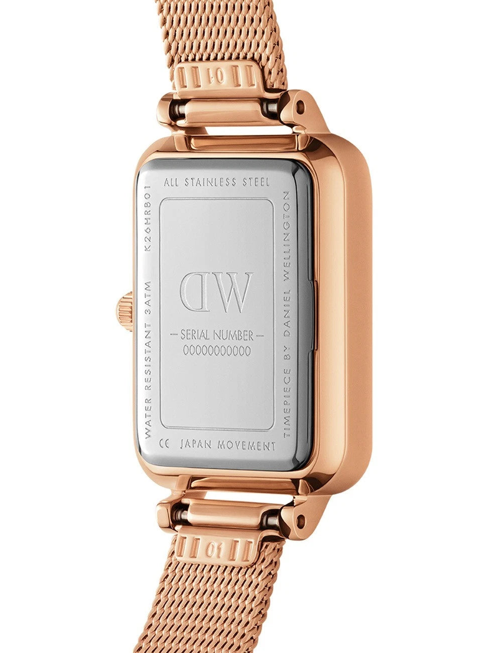Daniel Wellington Quadro Lumine caseback showing stainless steel engraved back and serial number
