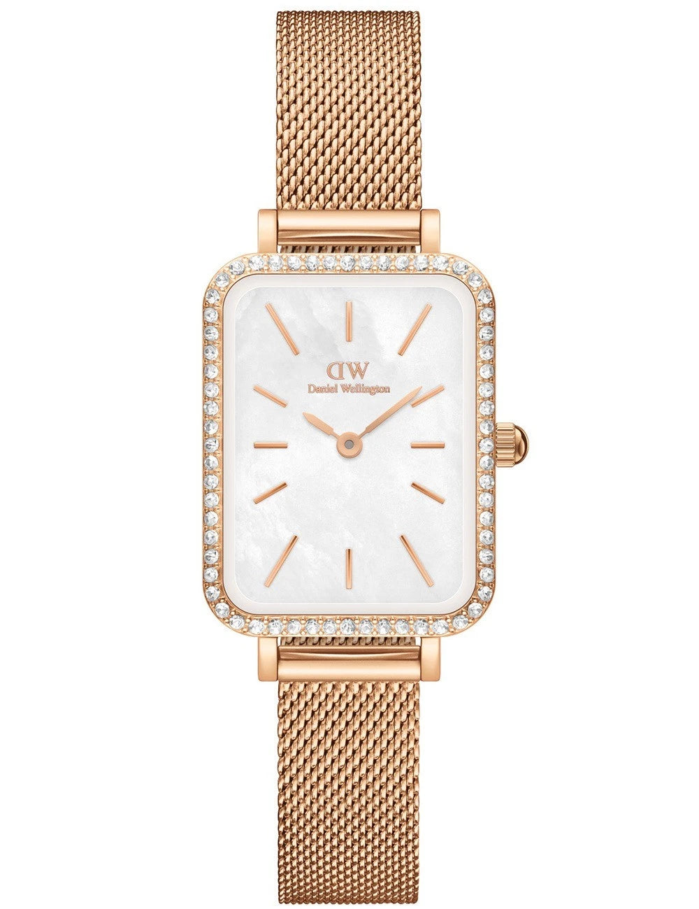 Daniel Wellington Quadro Lumine 26mm rose gold ladies watch with diamond bezel and white dial