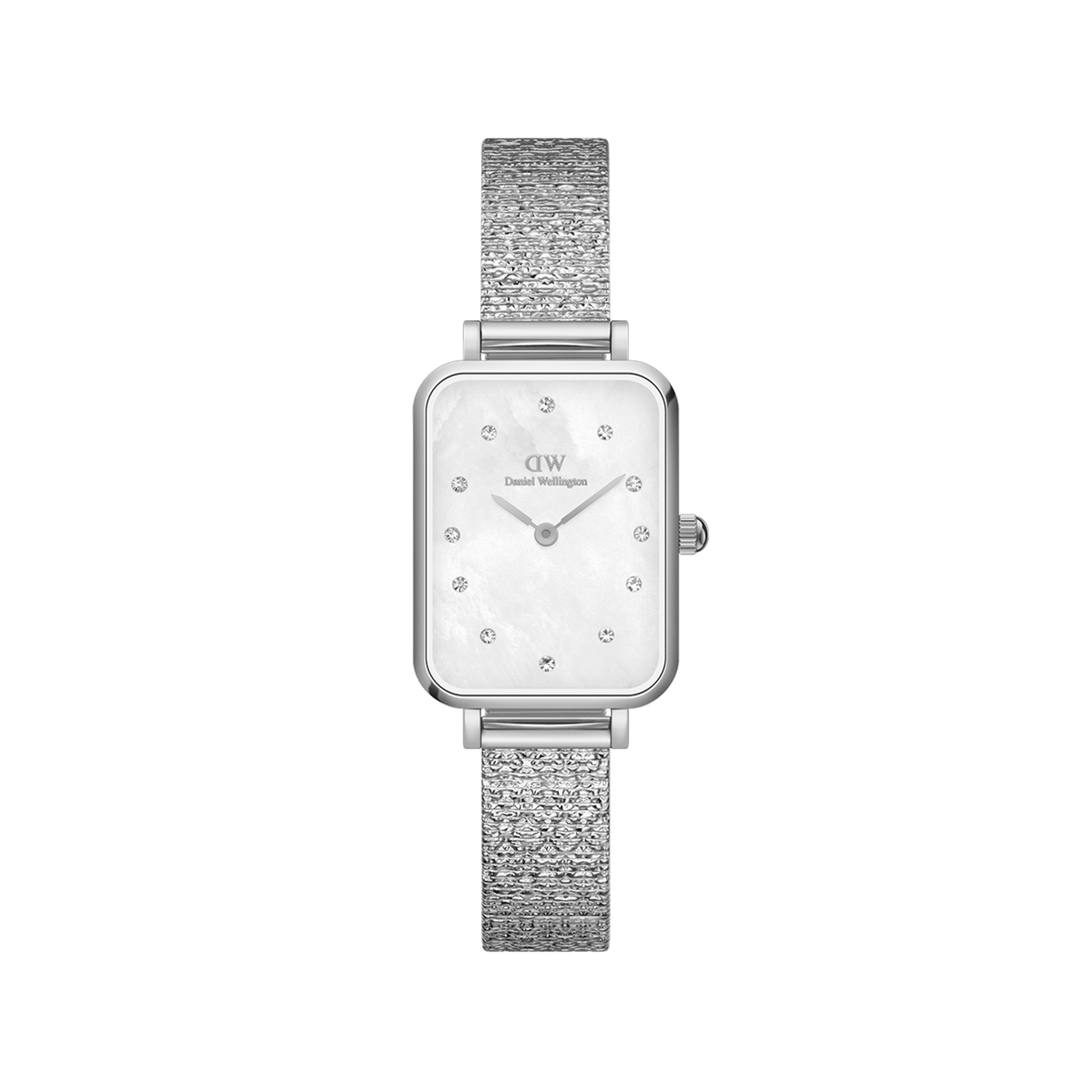 Daniel Wellington Quadro Pressed Piano silver watch with white MOP dial and mesh strap
