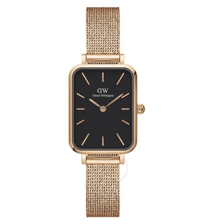 Daniel Wellington Quadro ladies watch with black dial, rose gold case and mesh bracelet