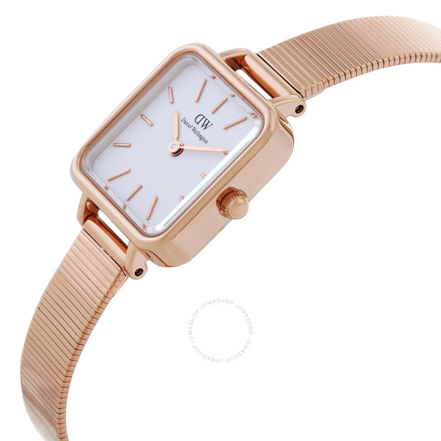 Side angle view of Daniel Wellington Quadro Studio watch showing square case and mesh band detail