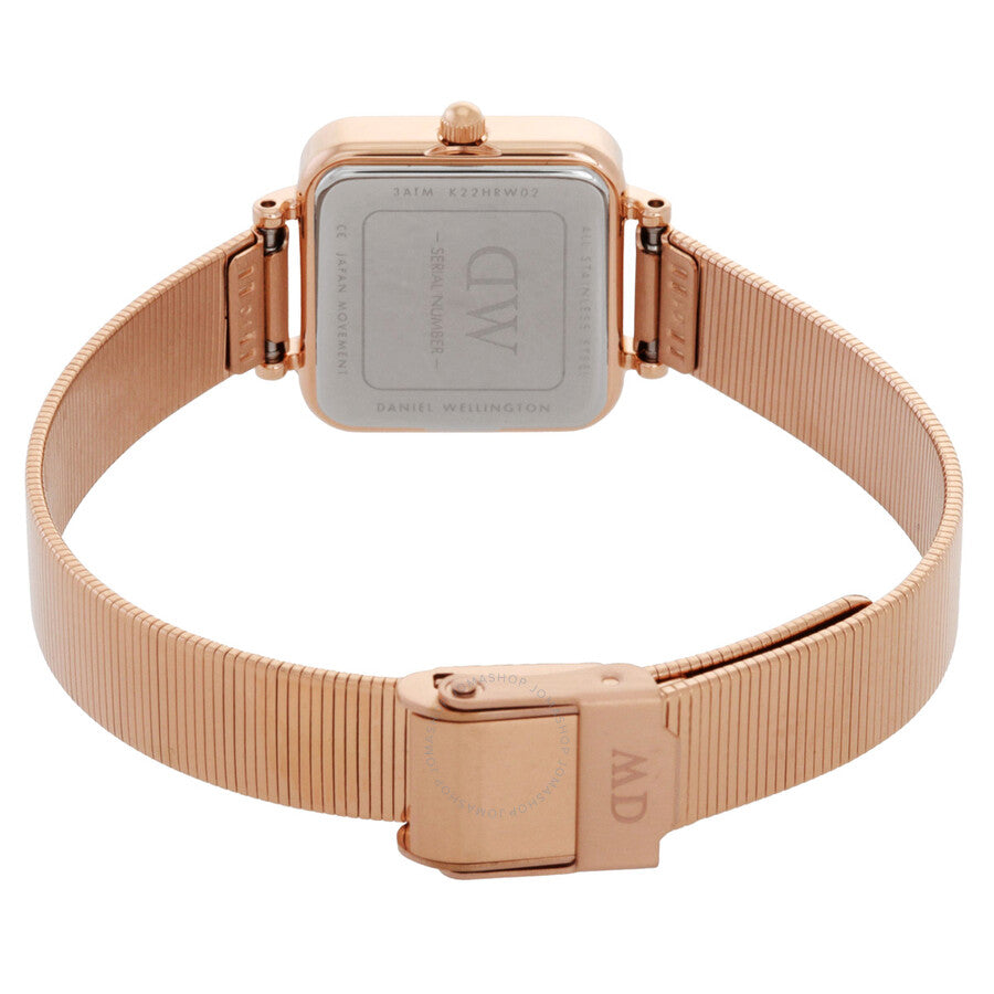 Case back view of Daniel Wellington Quadro Studio watch showing engraved logo and mesh strap