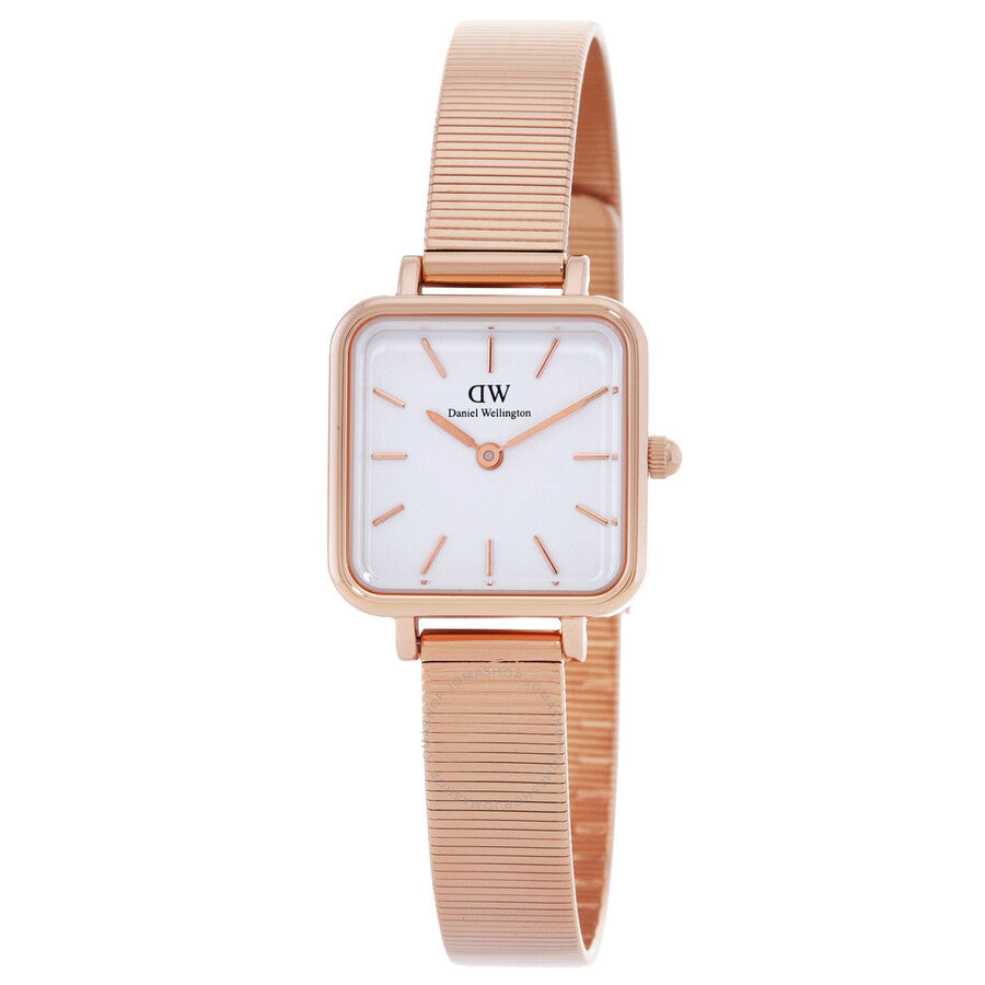 Daniel Wellington Quadro Studio rose gold square watch with white dial on mesh strap