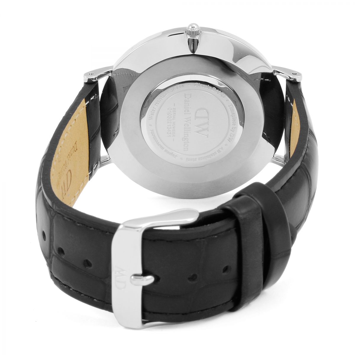 Daniel Wellington Reading 40mm caseback showing silver case and black leather strap