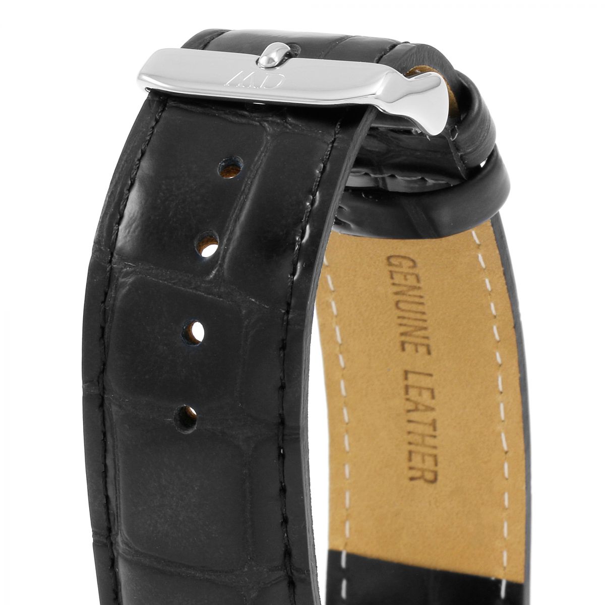 Close-up of black genuine leather strap with white stitching and silver buckle