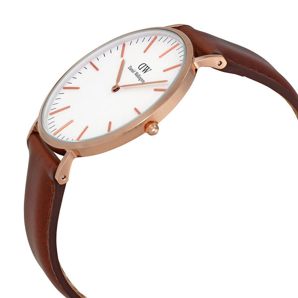 Angled view of St Mawes 40mm gold watch showing white dial and brown leather strap detail