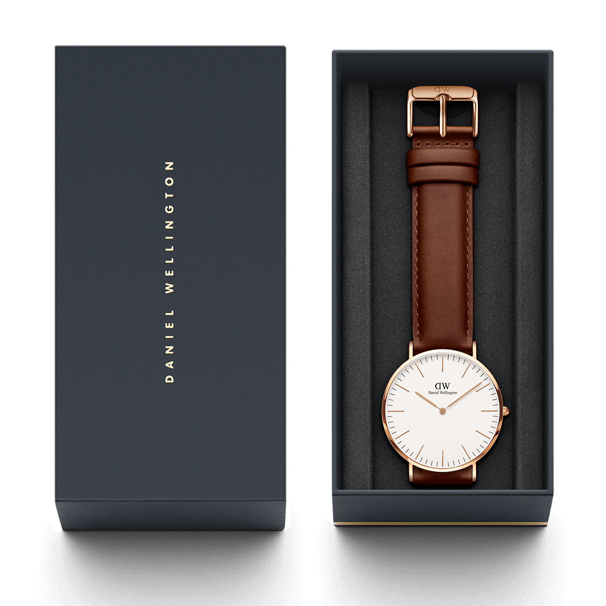 Daniel Wellington St Mawes watch box set with brown leather strap watch, owner's guide, and packaging