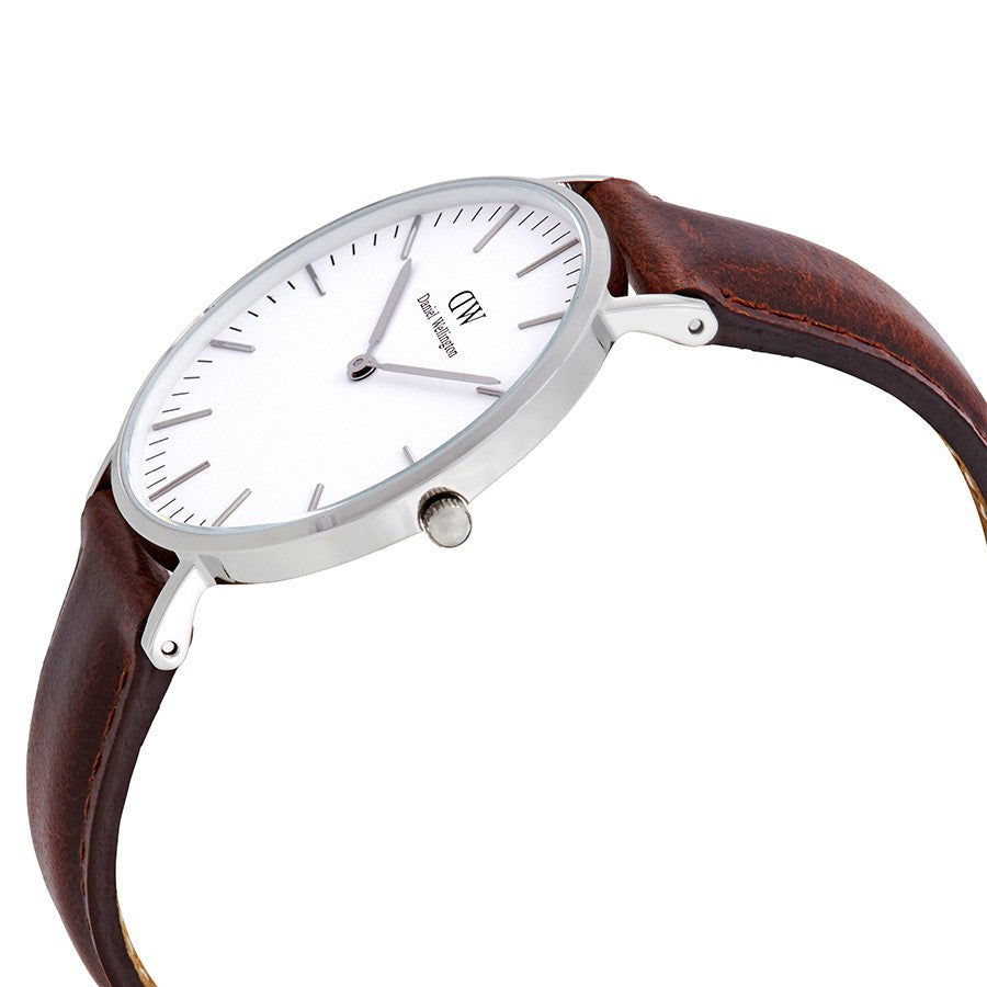 Daniel Wellington St Mawes 36mm watch shown at angle with silver case and brown leather strap