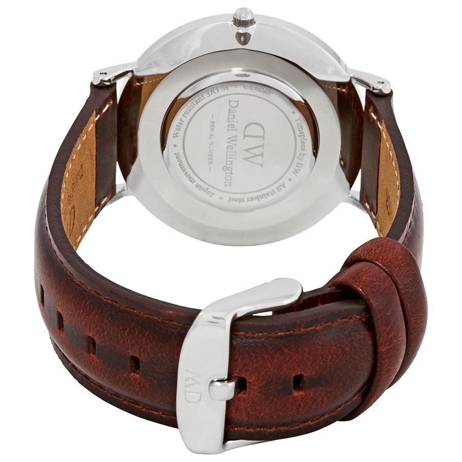 Daniel Wellington St Mawes caseback showing engraved case details and brown leather strap