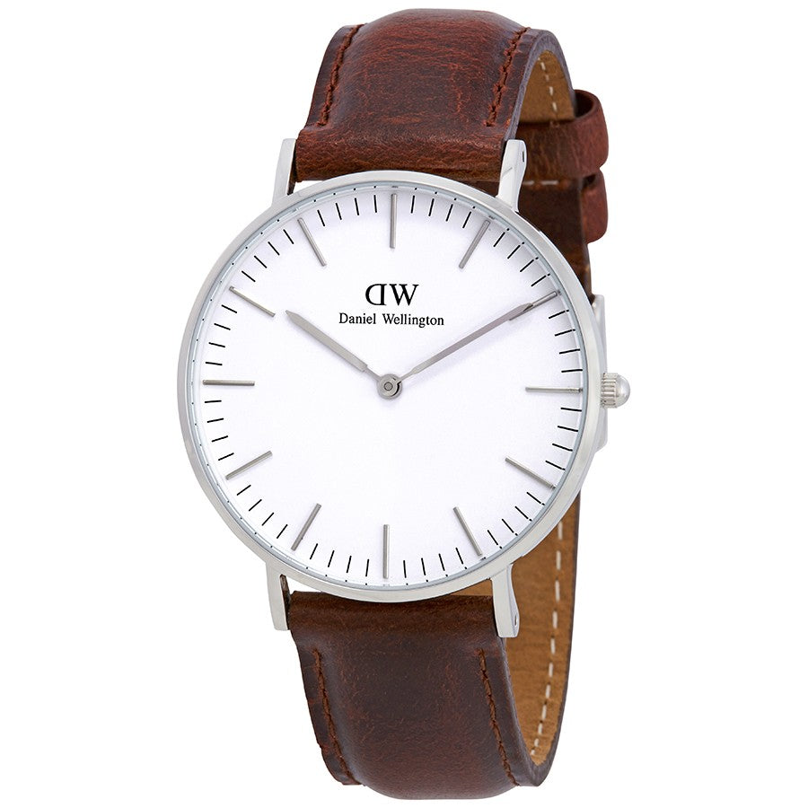 Daniel Wellington St Mawes 36mm silver watch with white dial and brown leather strap