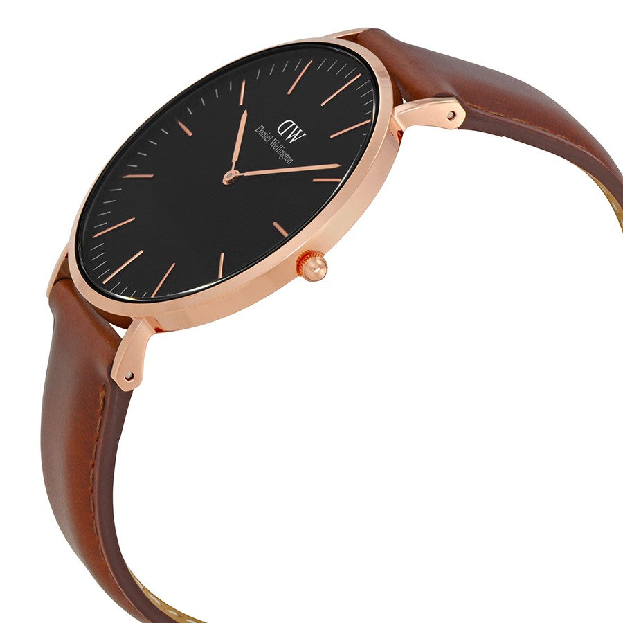 Daniel Wellington St Mawes watch at angle showing rose gold case and brown leather strap