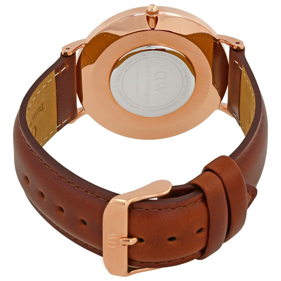 Daniel Wellington St Mawes caseback with rose gold case and brown leather strap