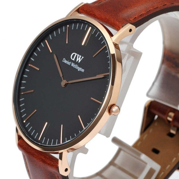 Daniel Wellington St Mawes watch side view with brown leather strap and rose gold hardware