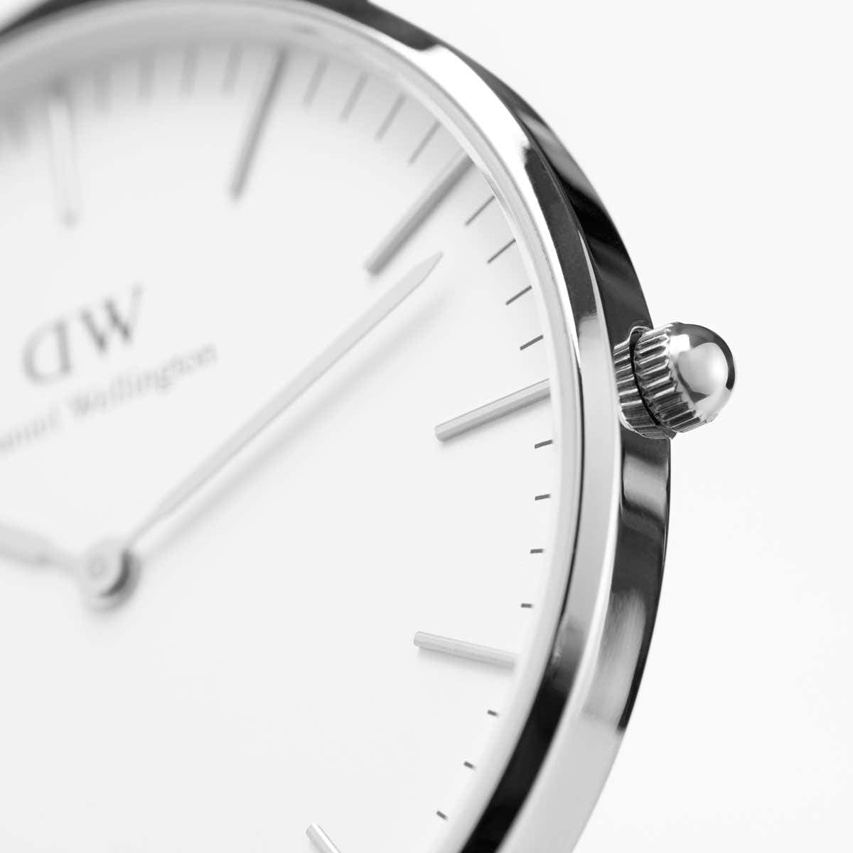 Daniel Wellington York watch side profile showing silver case and crown detail