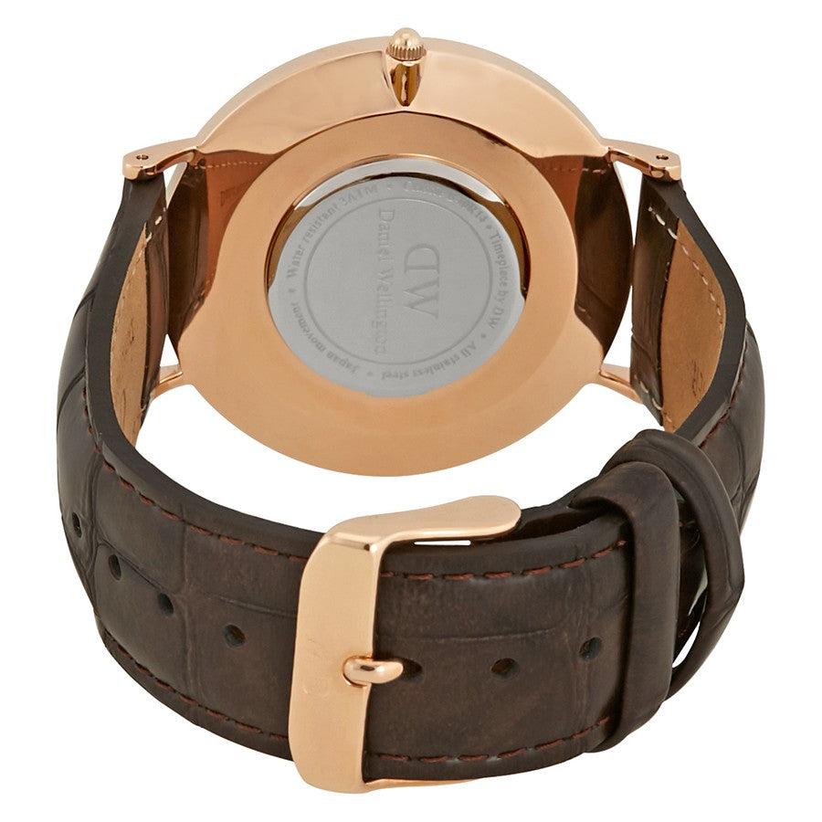Daniel Wellington York DW00100011 caseback showing rose gold case and engraved DW logo