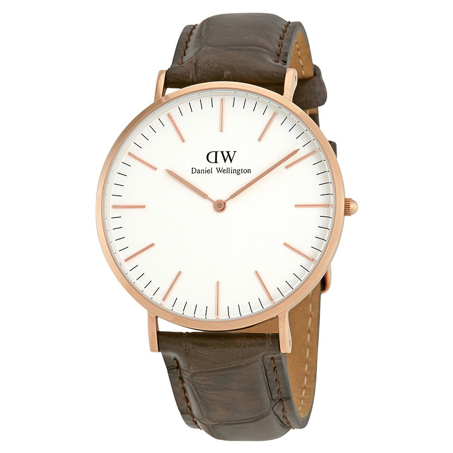 Daniel Wellington York 40mm white dial watch with rose gold case and dark brown leather strap