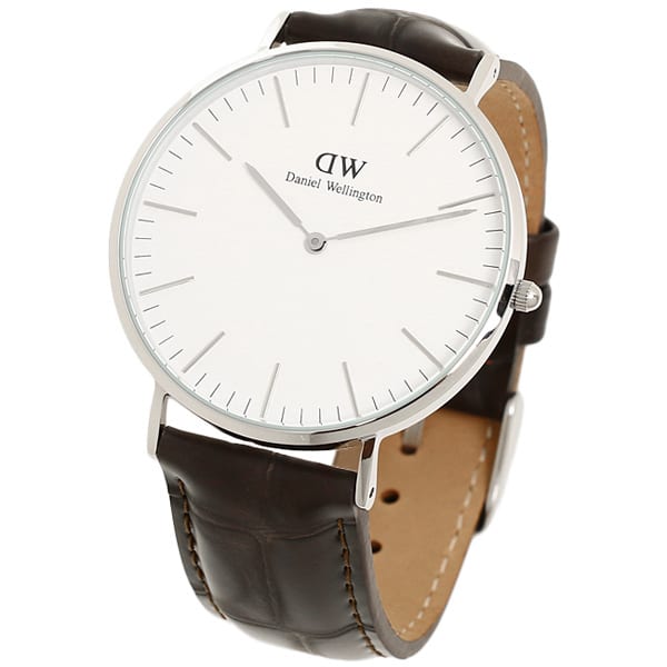 Daniel Wellington York 40mm watch angled view showing silver case and brown leather strap