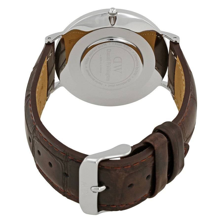 Daniel Wellington York 40mm caseback showing silver stainless steel back and dark brown leather strap