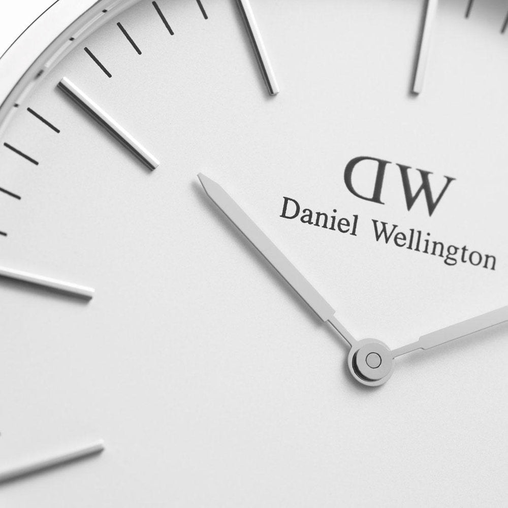Daniel Wellington York white dial close-up with DW logo and minimalist hour markers