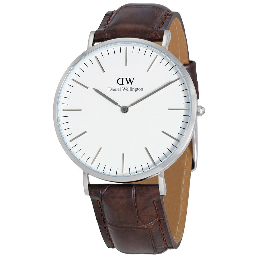 Daniel Wellington York 40mm silver men's watch with white dial and dark brown leather strap