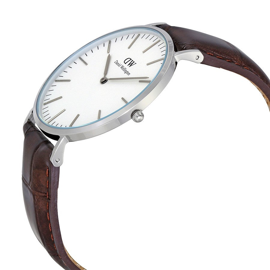 Daniel Wellington York 40mm watch side profile with white dial and crocodile-embossed brown leather