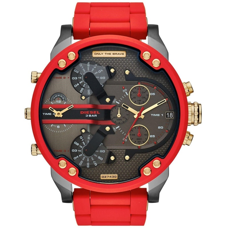 Diesel Big Daddy DZ7430 316L stainless steel and red silicone strap 4 Time zones 30m water resistant