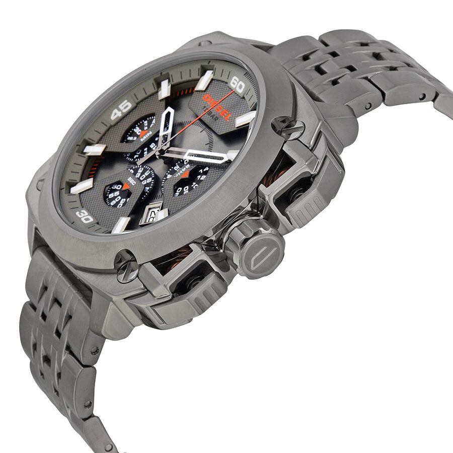 Diesel BAMF chronograph watch angled view showing case, dial and bracelet