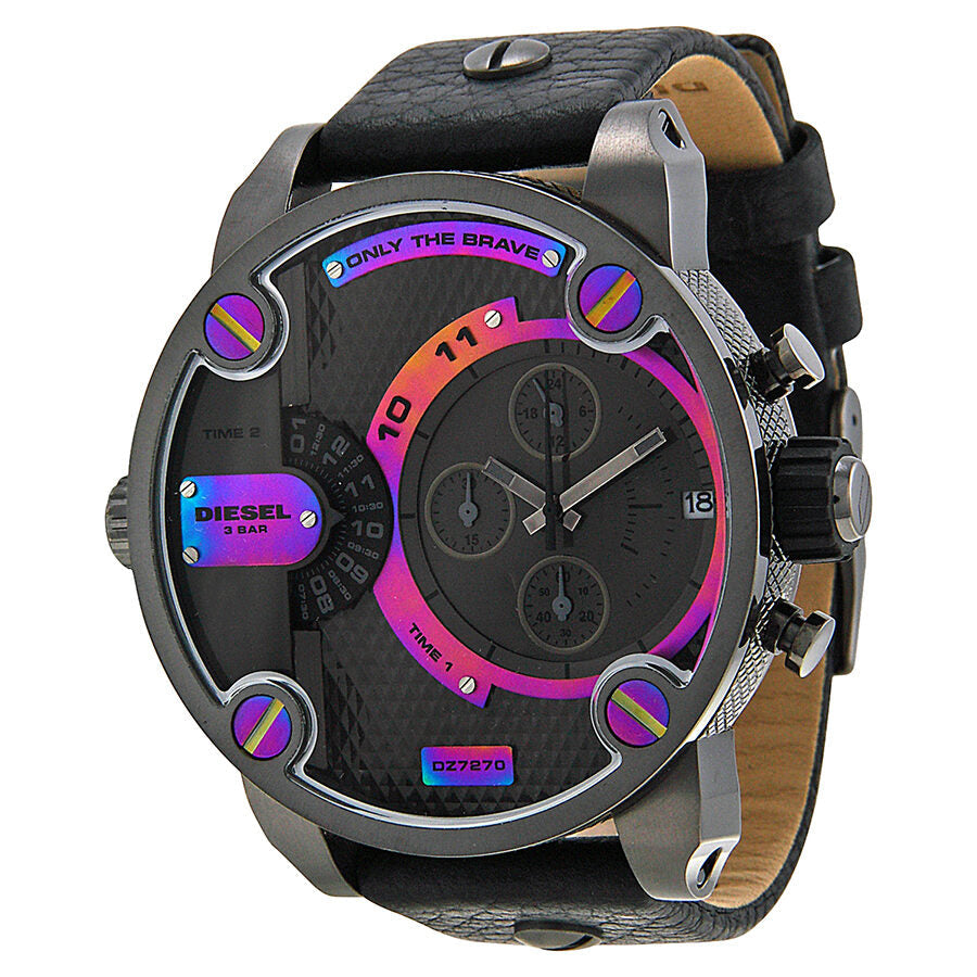 Diesel Bass Ass chronograph watch with grey dial, rainbow accents, stainless steel case and black strap