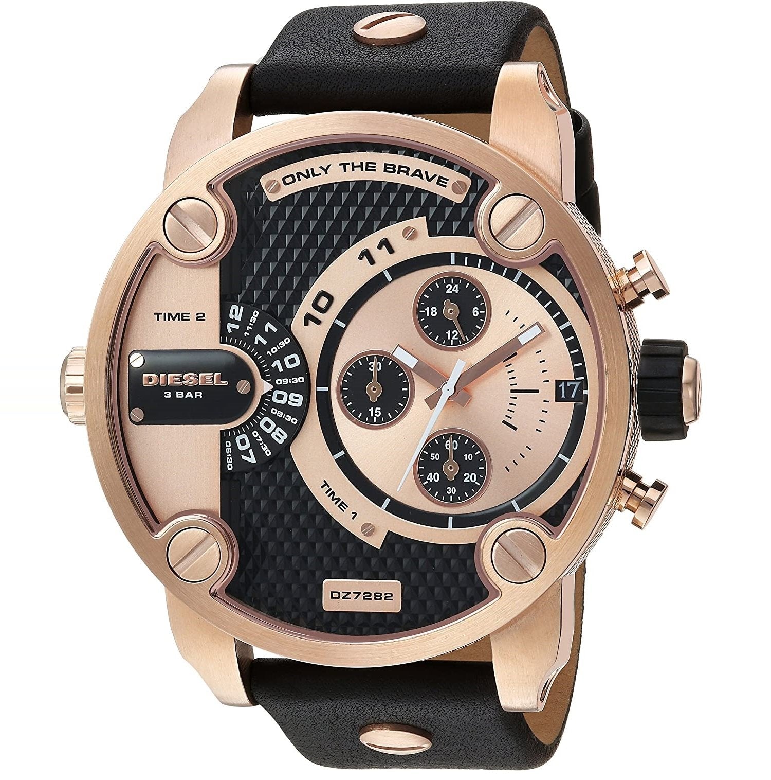 Diesel Big Boss DZ7282 rose gold chronograph watch with black dial and leather strap